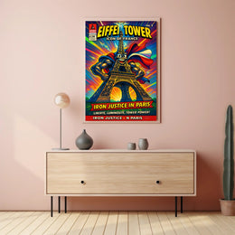 Eiffel Tower Superhero Comic Art Cultural Poster