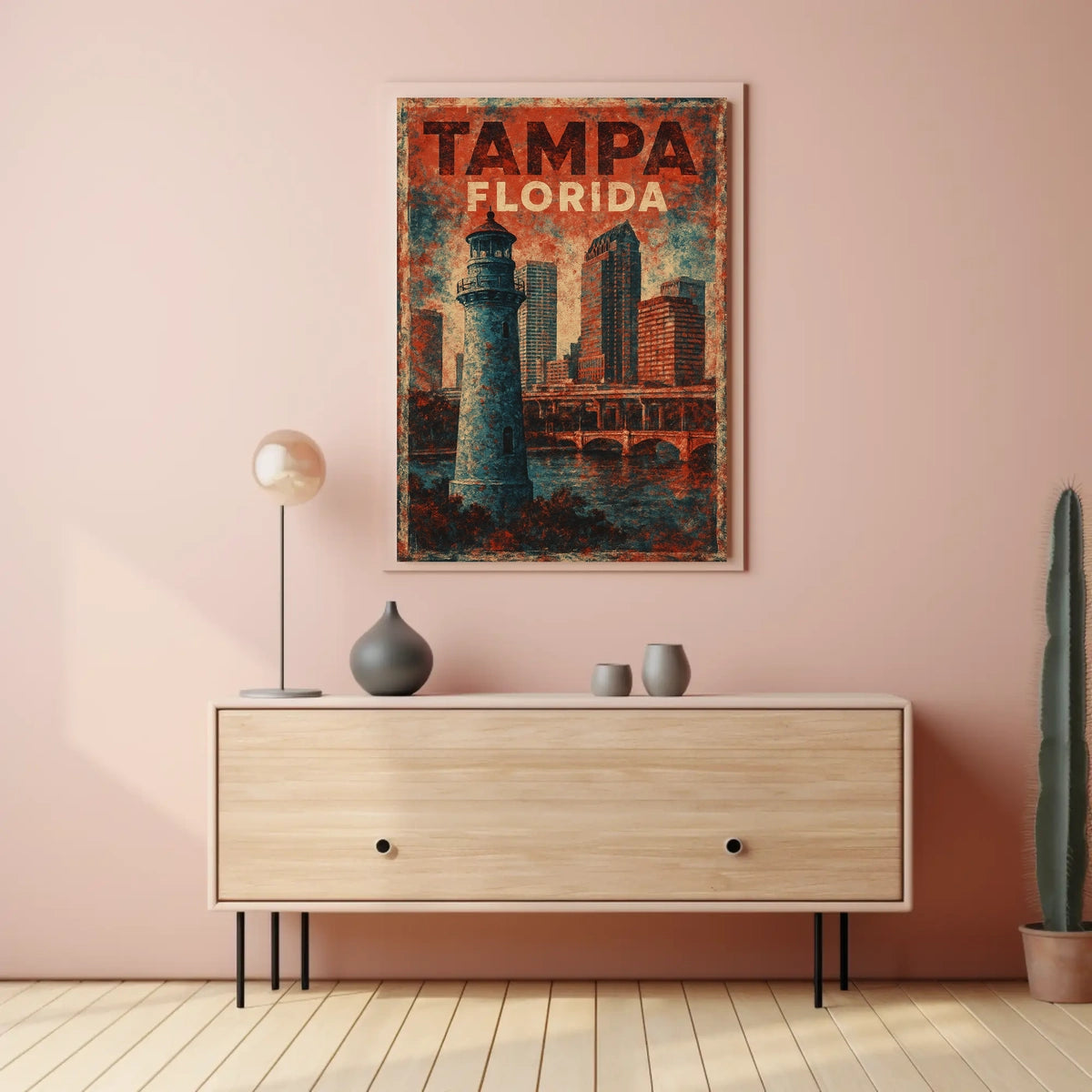 Tampa Skyline Vintage Lighthouse Nostalgic Art Poster