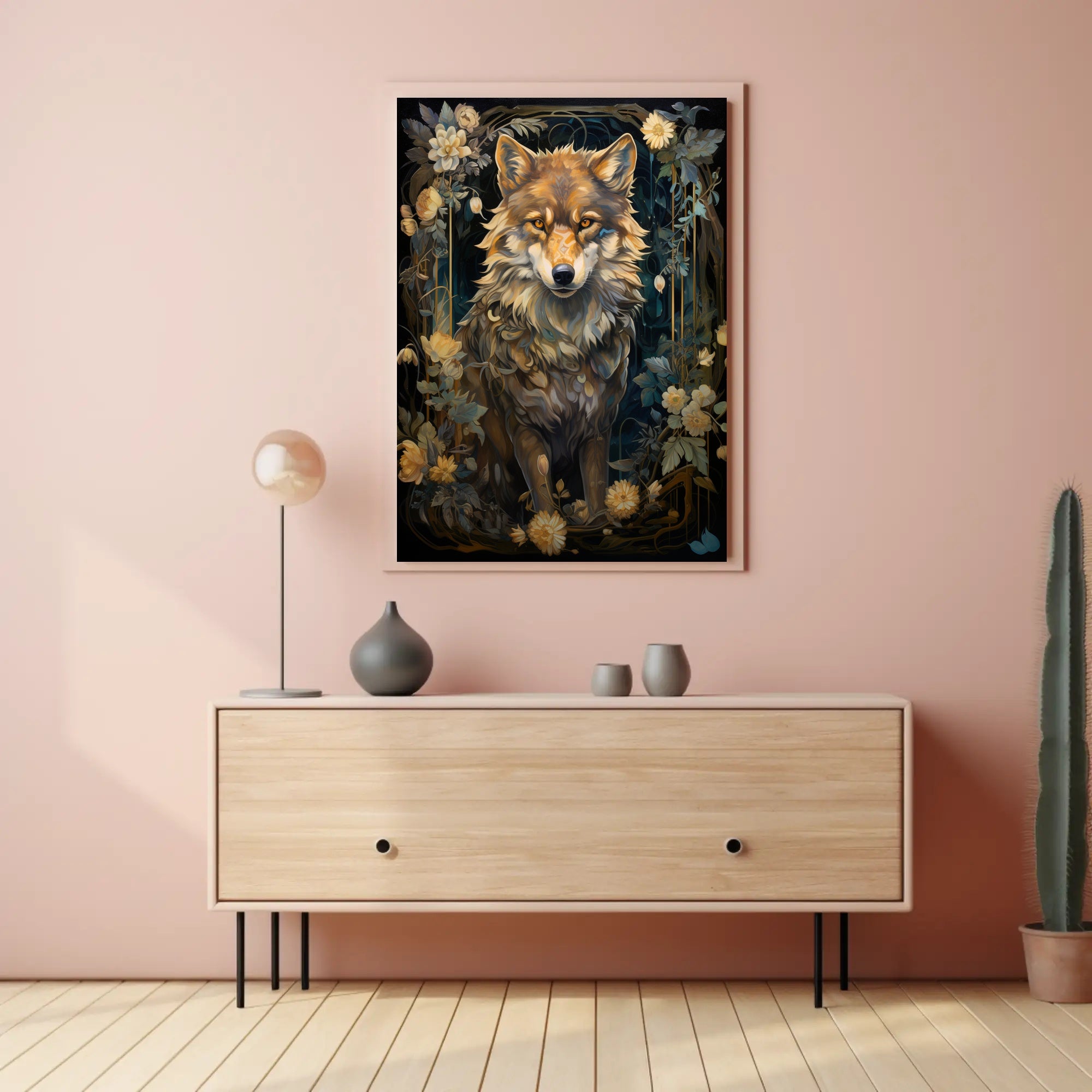 Majestic Wolf In Floral Frame Poster PosterGoat