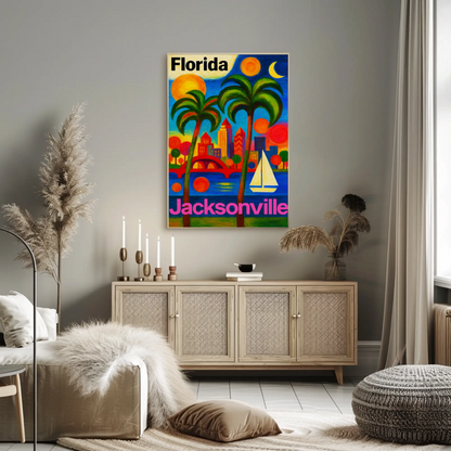 Jacksonville Florida Vibrant Skyline With Sailboat Travel Poster