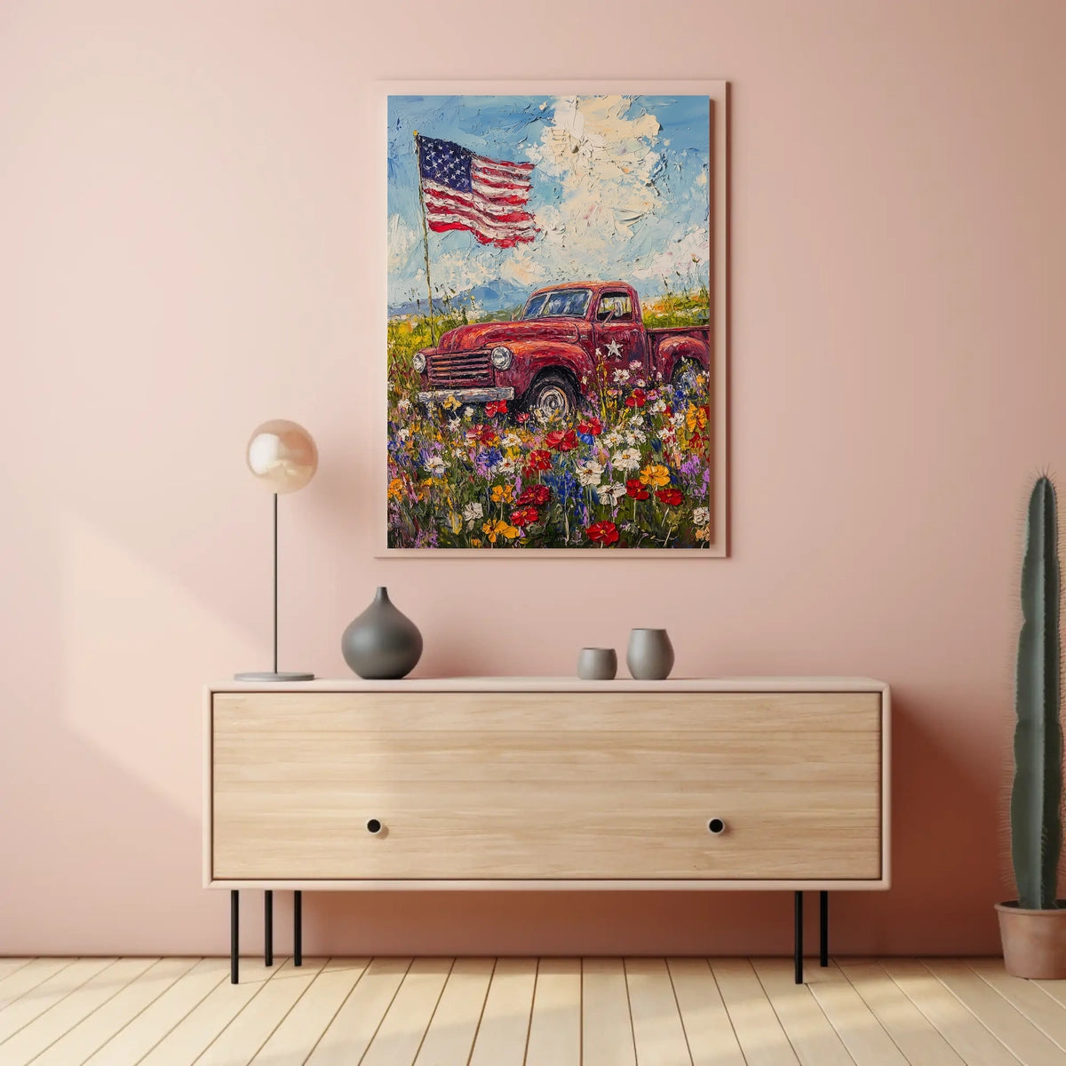 red pickup truck parked in a flower Poster