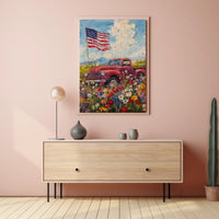 red pickup truck parked in a flower Poster