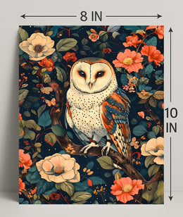 Barn Owl Amid Enchanted Flora: Artistic Animal Poster
