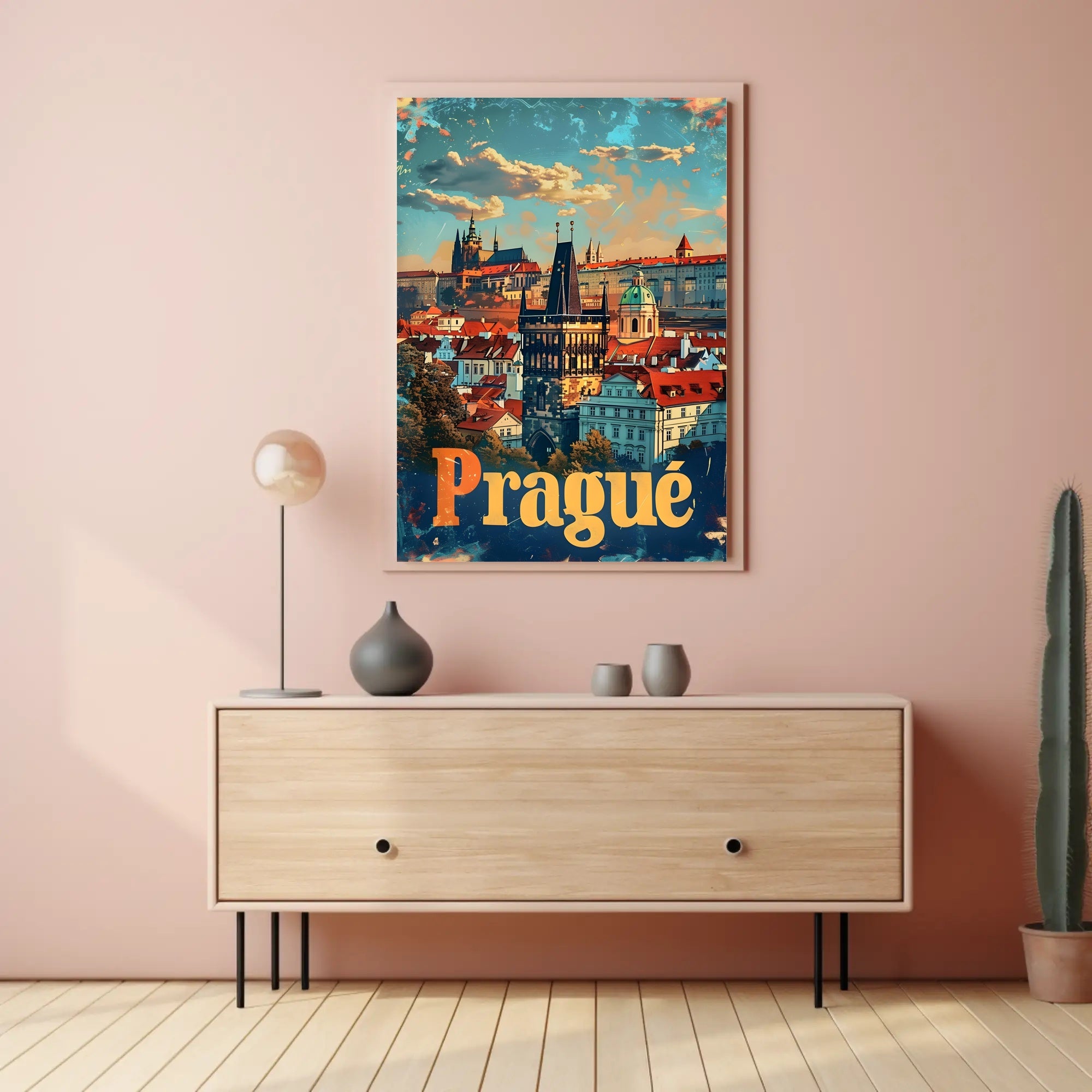 Prague Skyline Art Deco Travel Poster