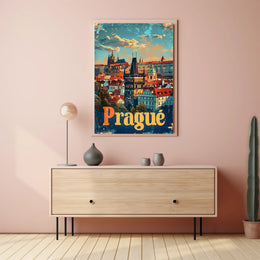 Prague Skyline Art Deco Travel Poster
