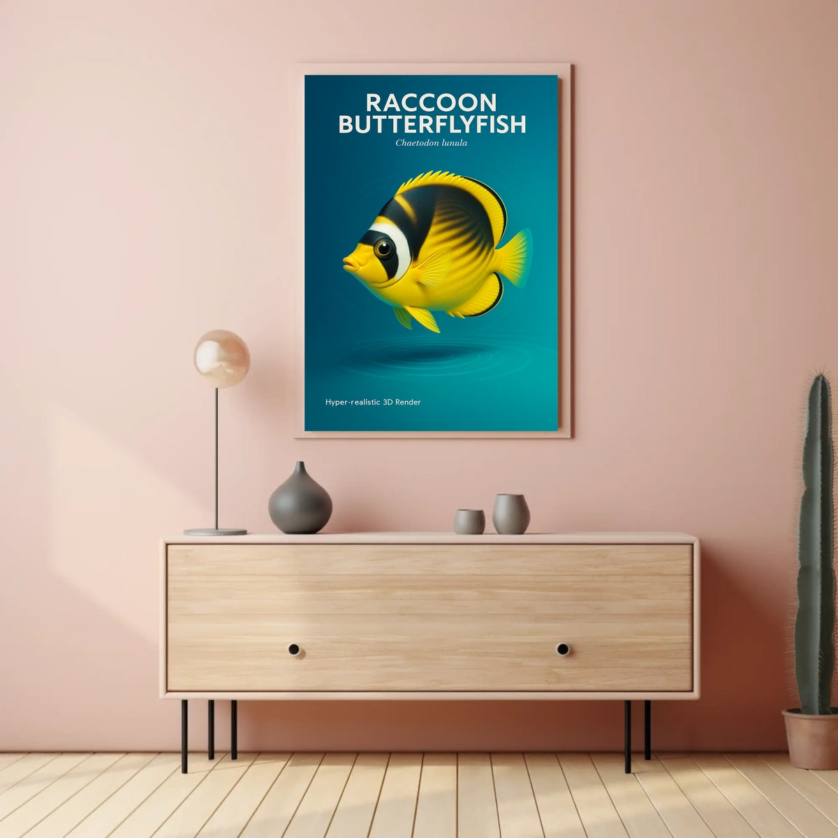 Raccoon Butterflyfish Hyper-realistic 3D Render Poster