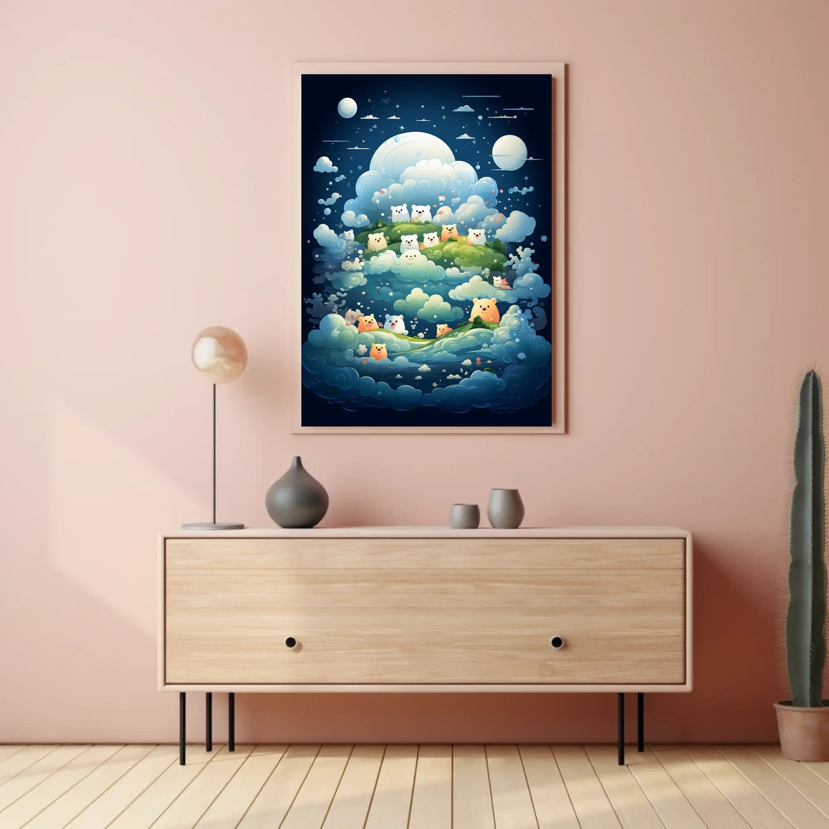 Whimsical Nightscape Poster with Dreamy Bear Creatures