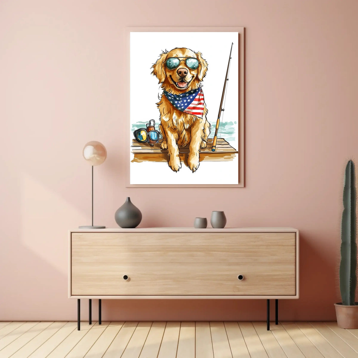 Golden Retriever Fishing Scene Artwork Home Decor Poster