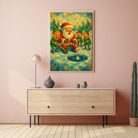 Whimsical Christmas Poster: Santa and Elves Ice Fishing