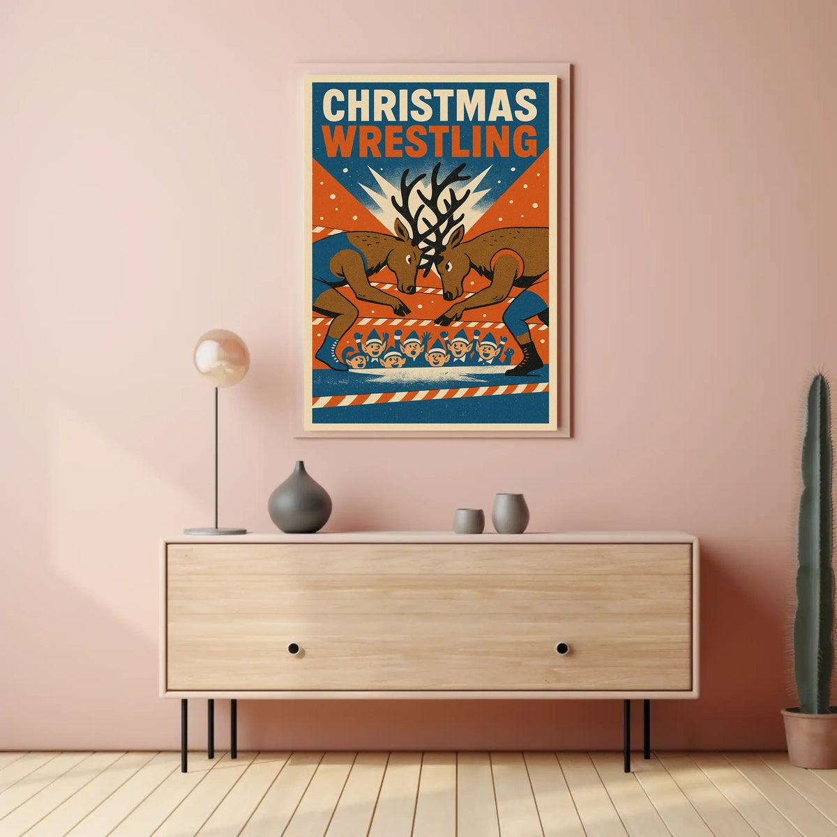 Christmas Wrestling Reindeer Vintage Holiday Poster Art
