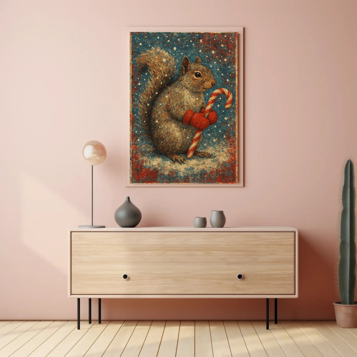 Winter Squirrel with Candy Cane Poster