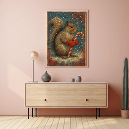 Winter Squirrel with Candy Cane Poster