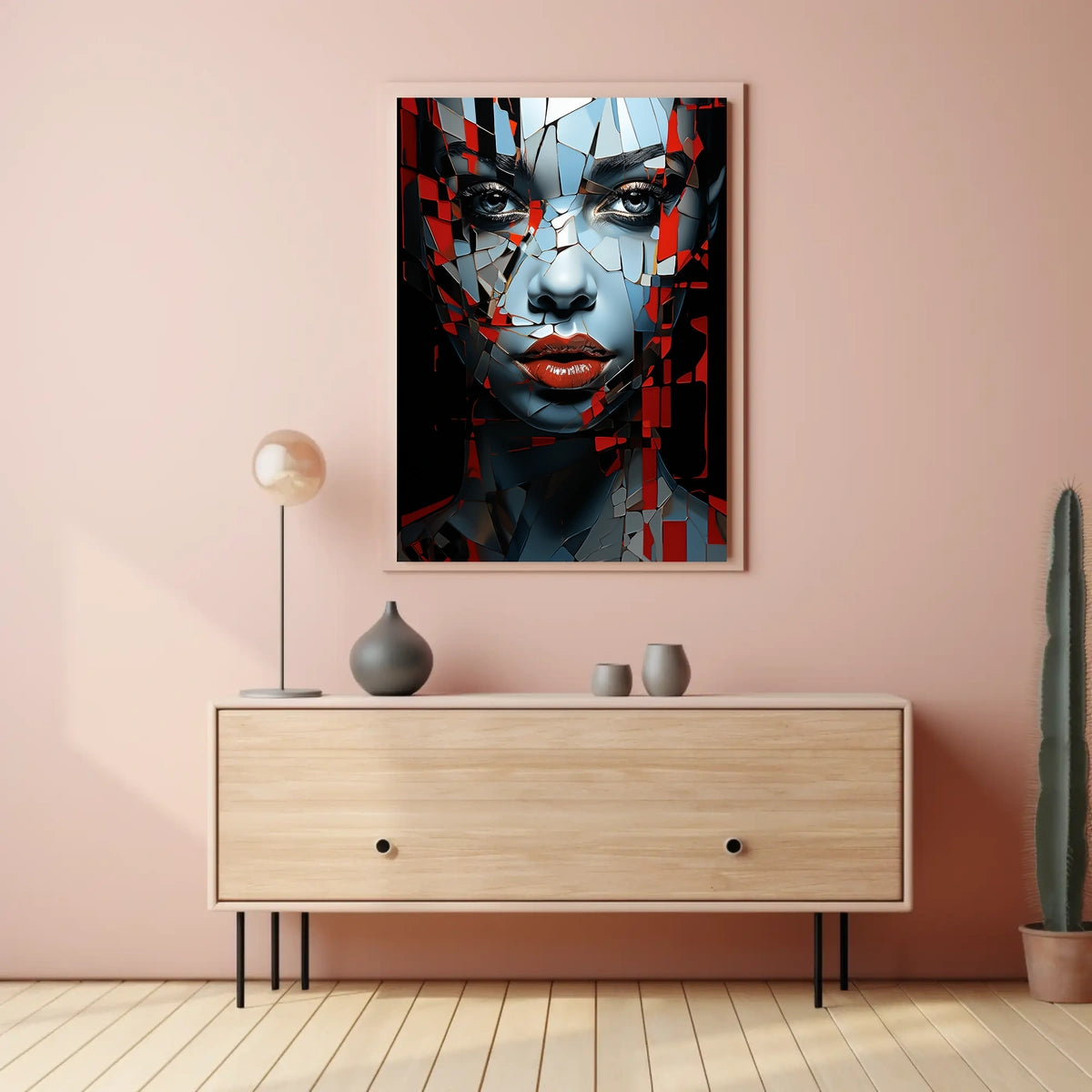 Fragmented Mosaic Female Face: Abstract Art Poster