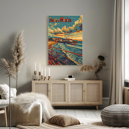 Santa Monica Sunset Pier and Surf Travel Poster