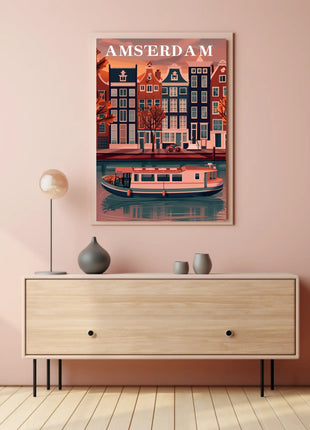 Amsterdam Canal Houses: Warm Scenic Travel Poster