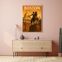 Boston's Grandeur: Equine Statue with State House Travel Poster