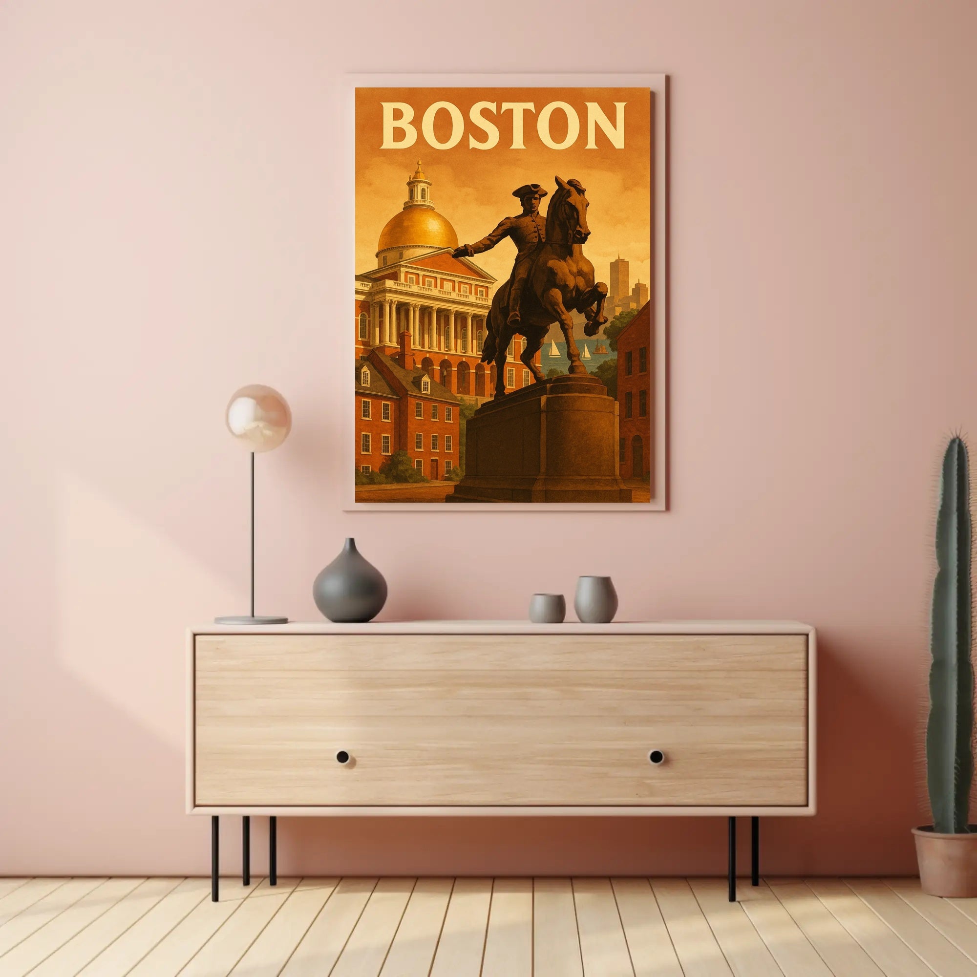 Boston's Grandeur: Equine Statue with State House Travel Poster