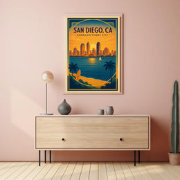San Diego Sunset Skyline Vintage Travel Poster