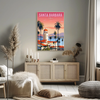 Santa Barbara California Palm Coast Sunset Travel Poster