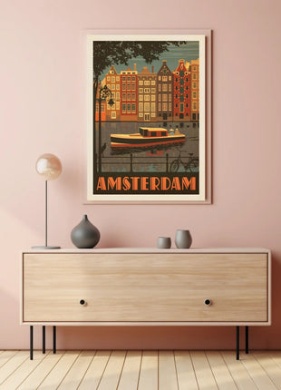 Amsterdam Vintage Travel Poster Depicting Retro Canal Scene