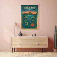 Hawaiian Vintage Art Poster Hula Dancers & Sunset