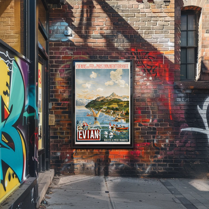 Evian Lake Boats Alps France Vintage Travel Poster