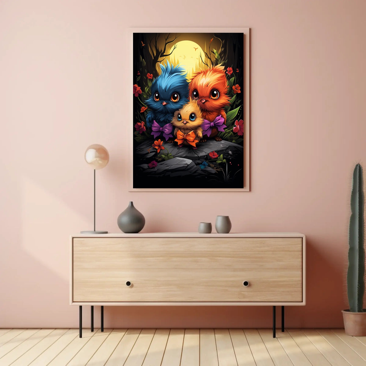 Whimsical Birds in Moonlit Forest Poster Art