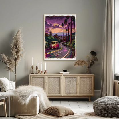 Santa Cruz Sunset Road VW Van Retro Travel Poster