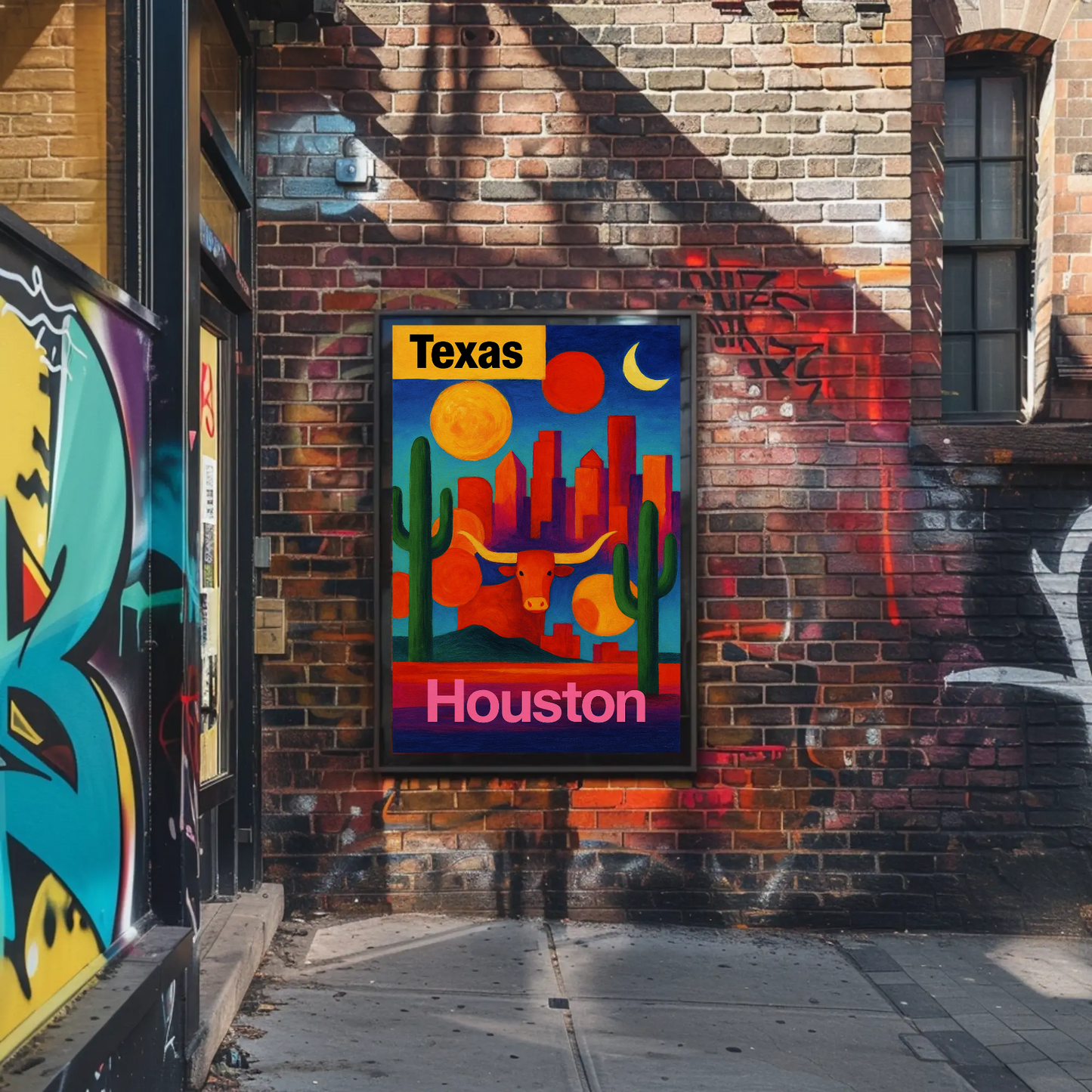 Texas Houston Longhorn Cactus Sunset Cityscape Vintage Travel Poster