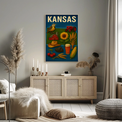 Kansas State Symbols Agriculture Sunflower Tractor Poster Poster
