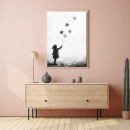 Child Releasing Star Balloons Silhouetted Artwork Poster