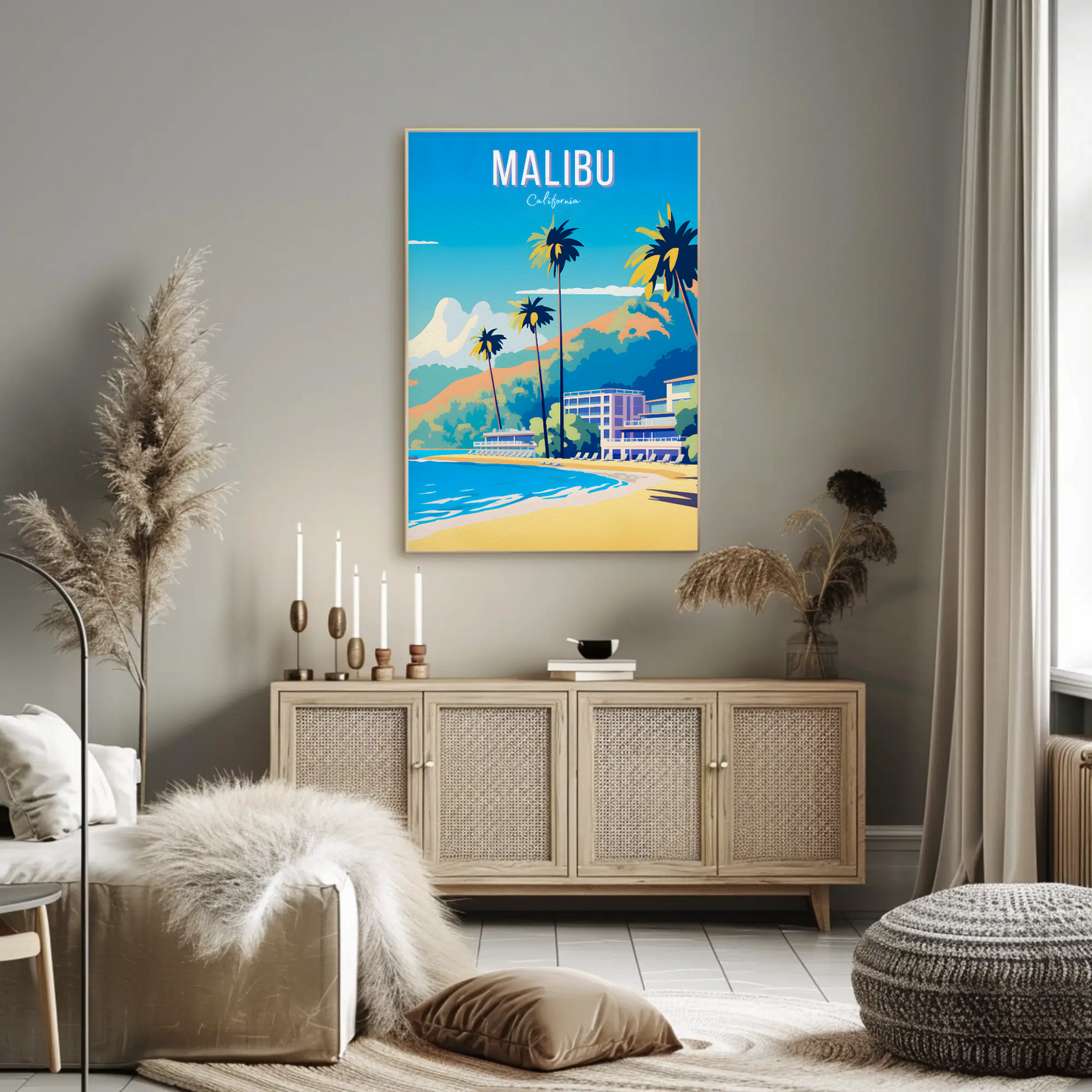 Malibu California Palm Trees Beach Hotel Hills Travel Poster