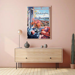Inviting Urban View: Cozy Interior Cityscape Poster