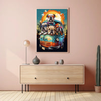 Whimsical Bulldogs in Retro Van Art Poster