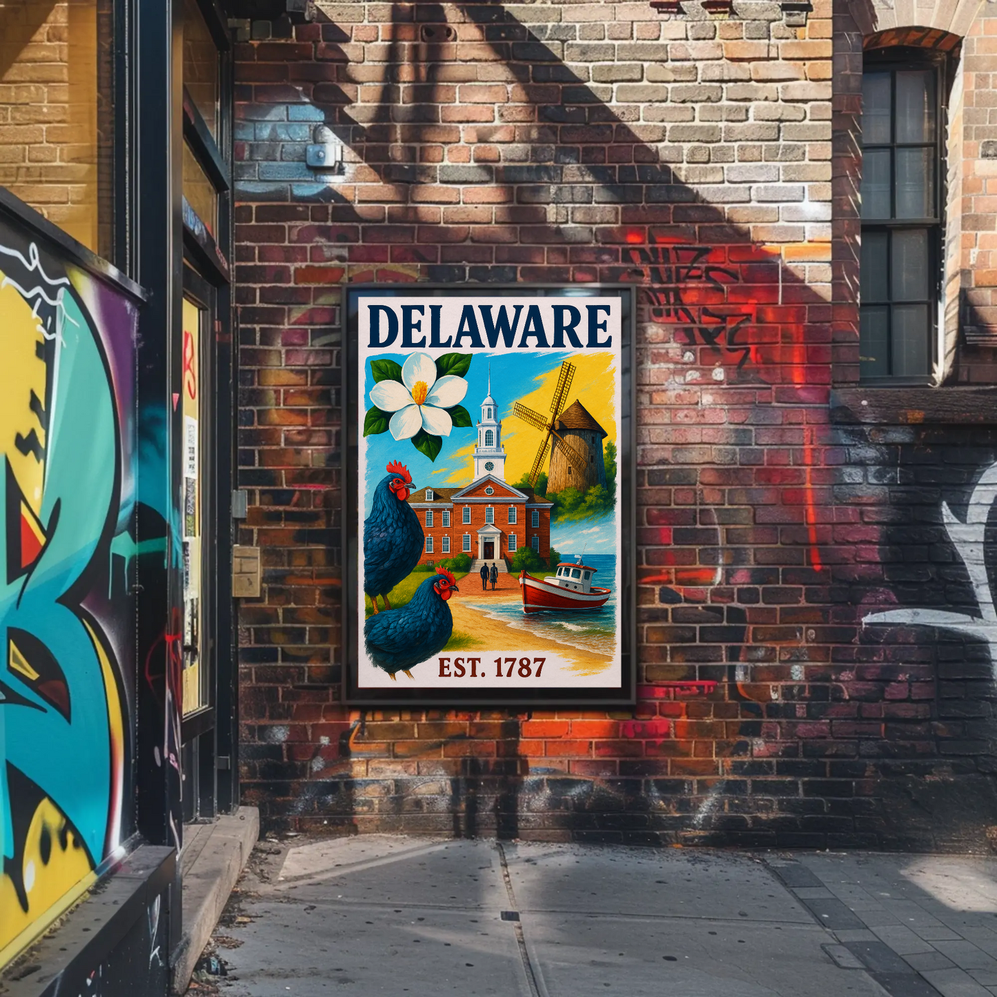 Delaware 1787 Poster With Windmill And Chickens Vintage Travel Poster