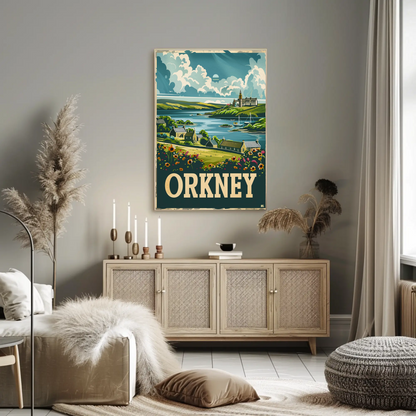 Orkney Coastal Village British Isles Travel Poster