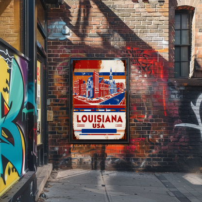 Louisiana USA French Quarter Street Vintage Maroon Travel Poster