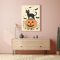 Halloween-Themed Black Cat Carved Pumpkin Bats Stars Poster