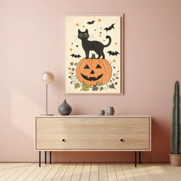 Halloween-Themed Black Cat Carved Pumpkin Bats Stars Poster