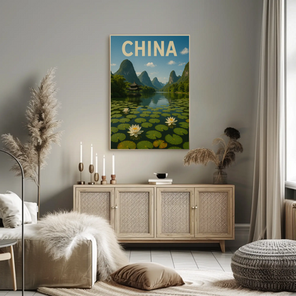 China Lotus Lake Mountains Pavilion Vintage Travel Poster