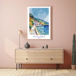 Kefalonia Coastal Charm in Watercolor Travel Poster PosterGoat