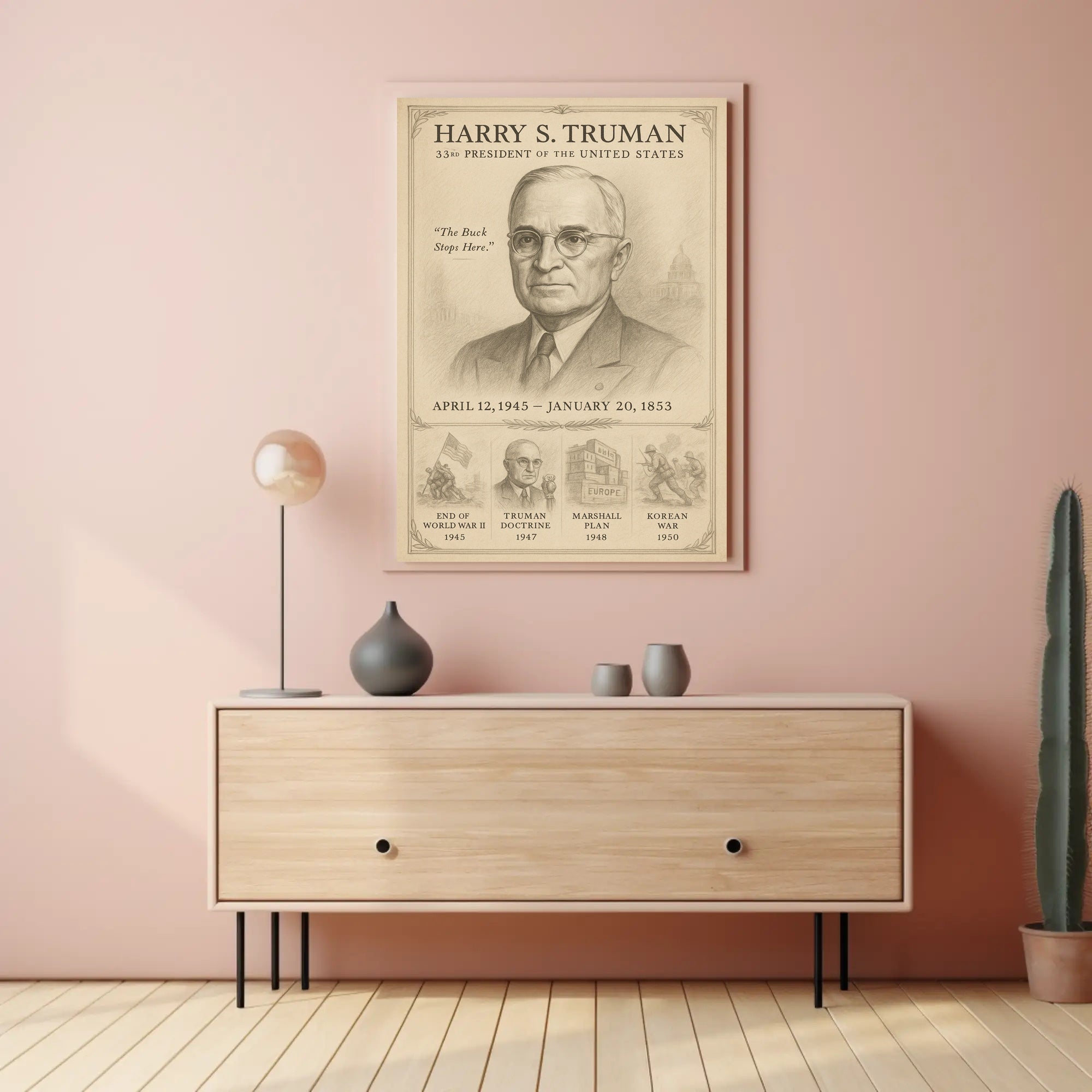 Harry S Truman 33rd President Sketch Poster Wall Art Print PosterGoat