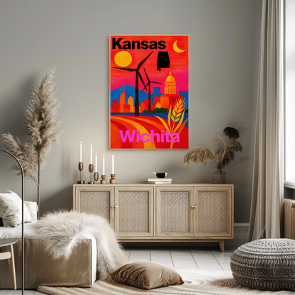 Wichita Kansas Windmills Capitol Landscape Travel Poster