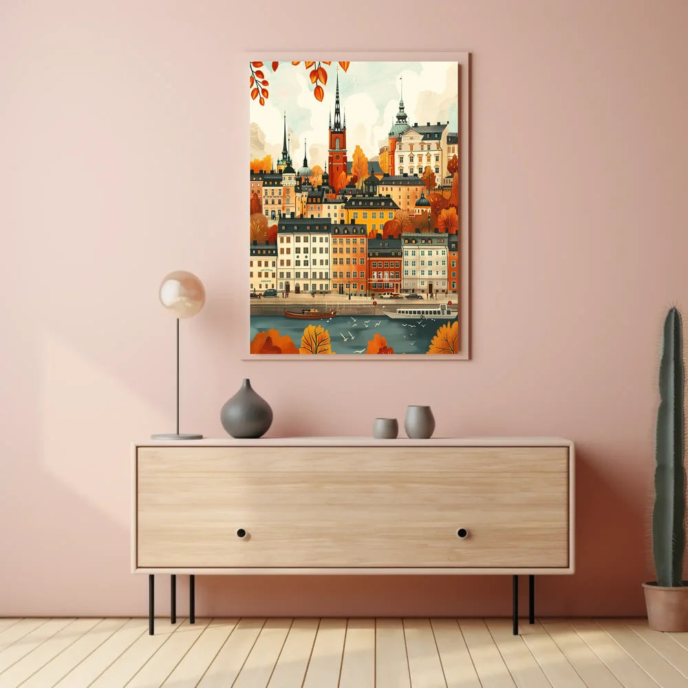 European Cityscape Poster: Stockholm Autumn Waterfront Scene