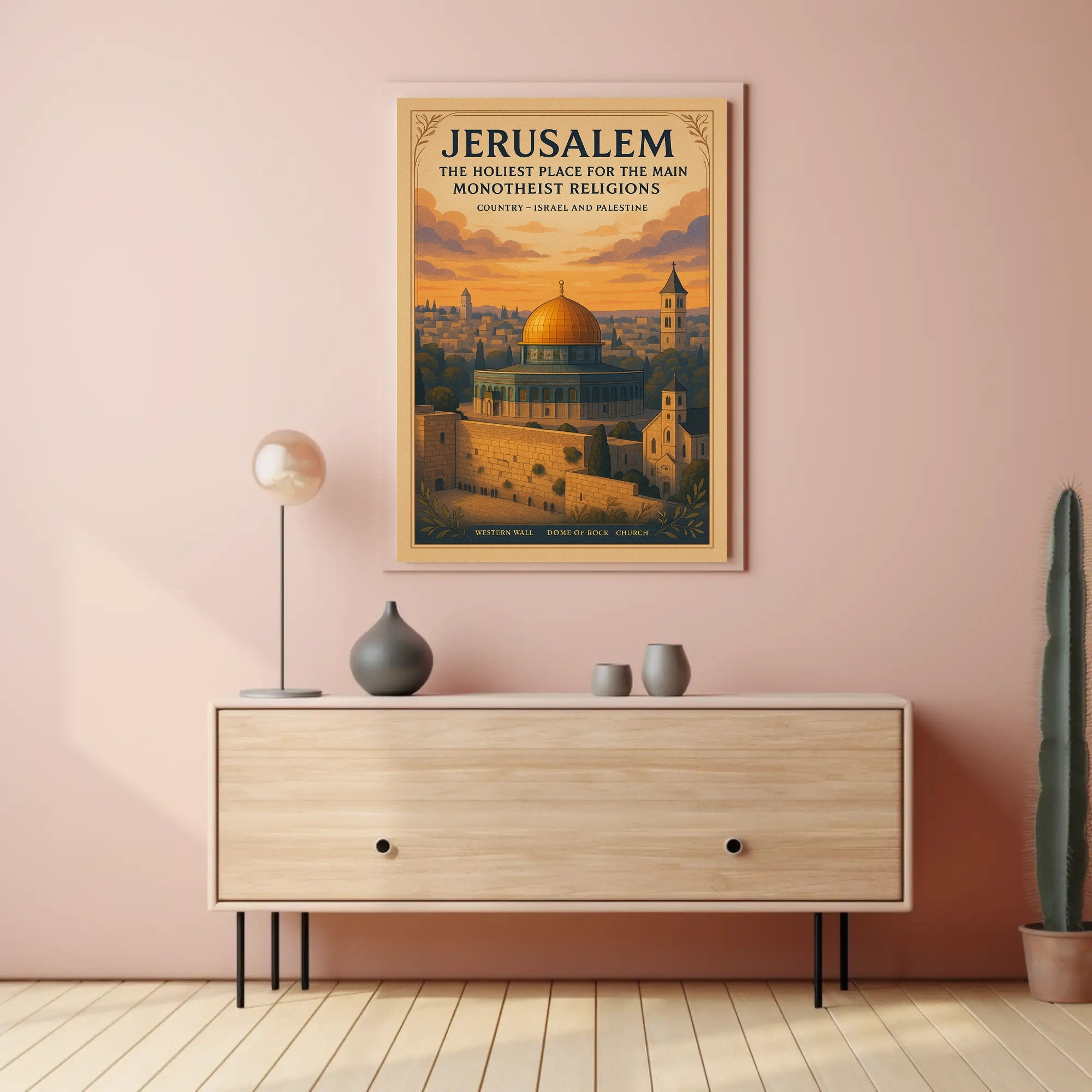 Jerusalem Dome Vintage Cityscape Sunset Cultural or Heritage Poster