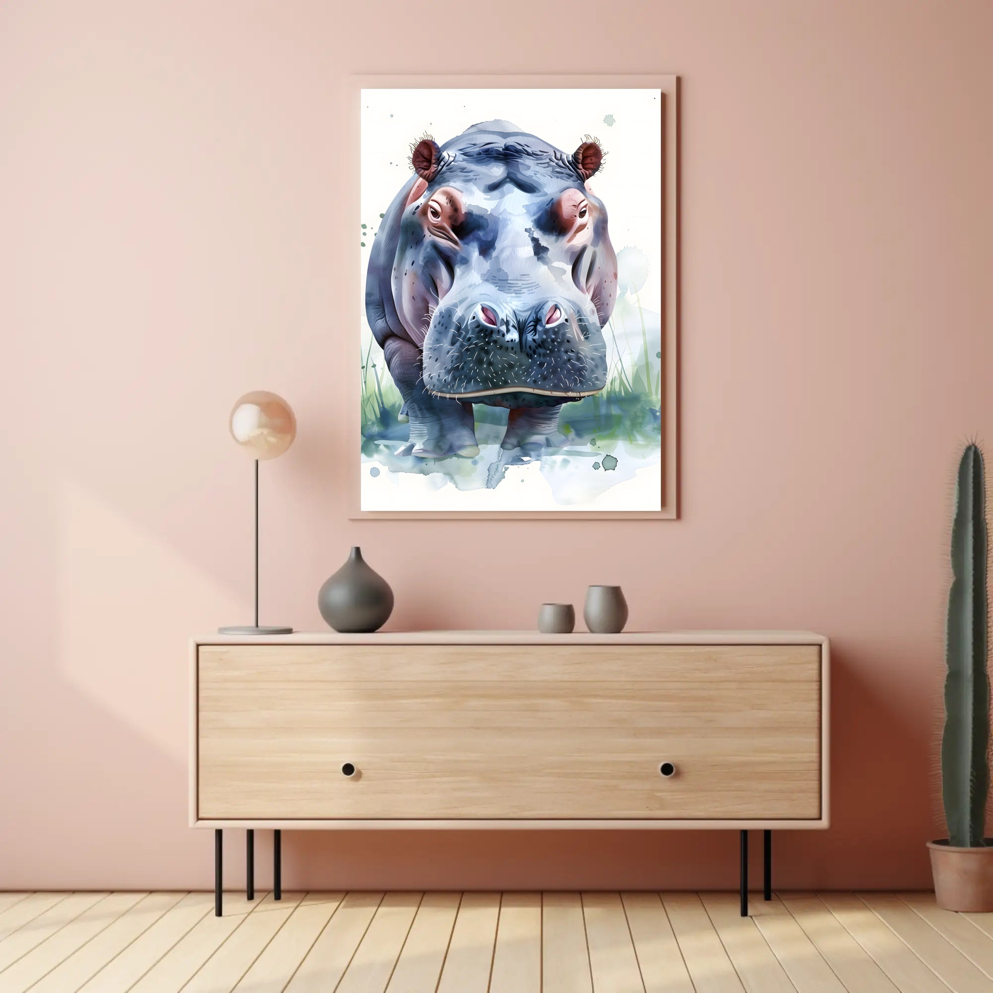 Hippo Watercolor Portrait Poster Wall Art Print