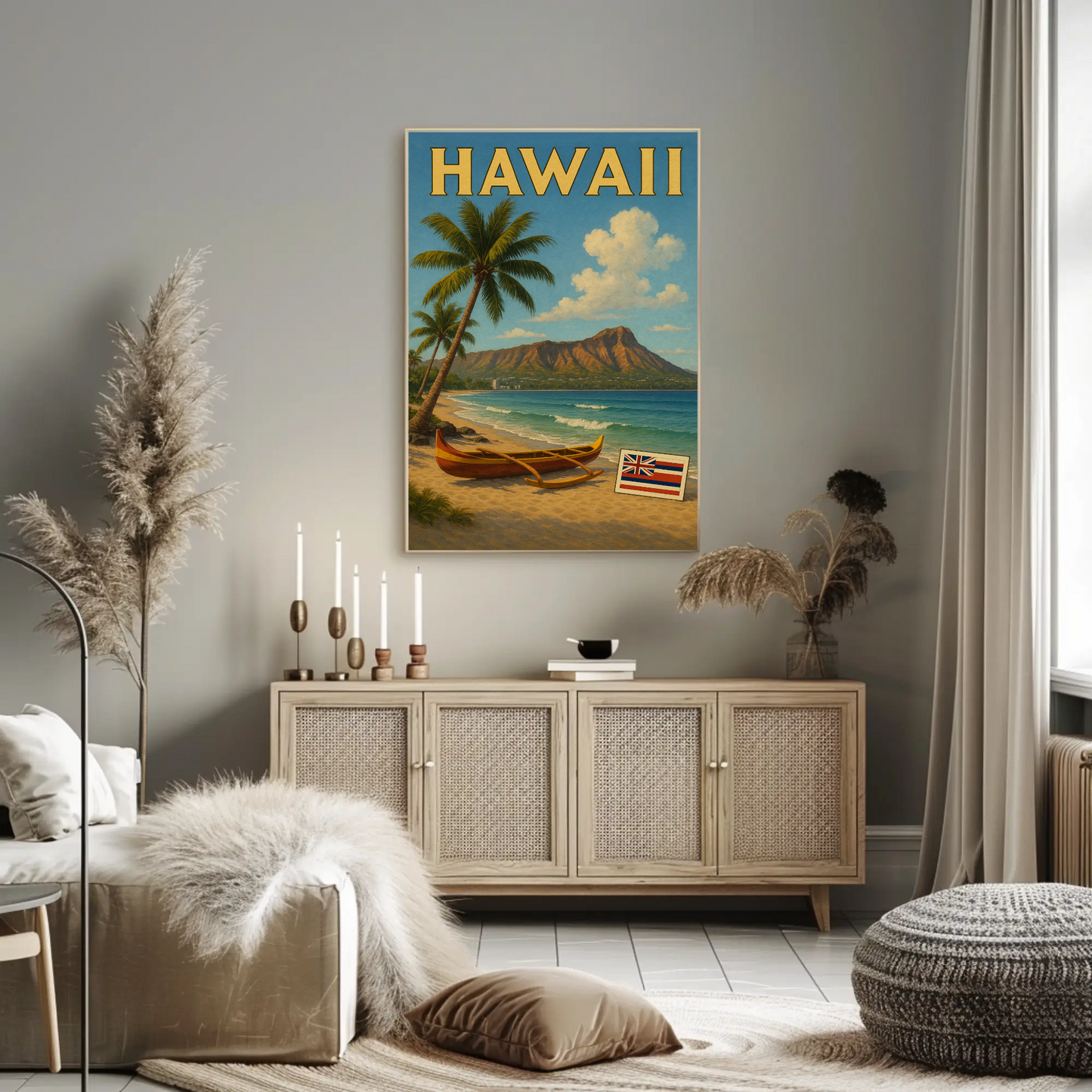 Hawaii Canoe Flag Diamond Head Ocean View Travel Poster