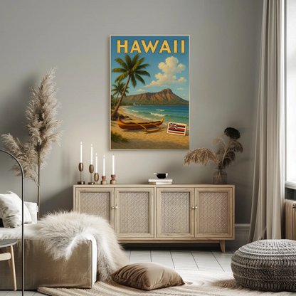 Hawaii Canoe Flag Diamond Head Ocean View Travel Poster