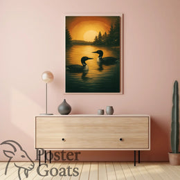 Serene Lake Scene with Loons and Sunset - Animal Poster