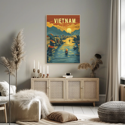 Vietnam River Sunset Floating Village Travel Poster
